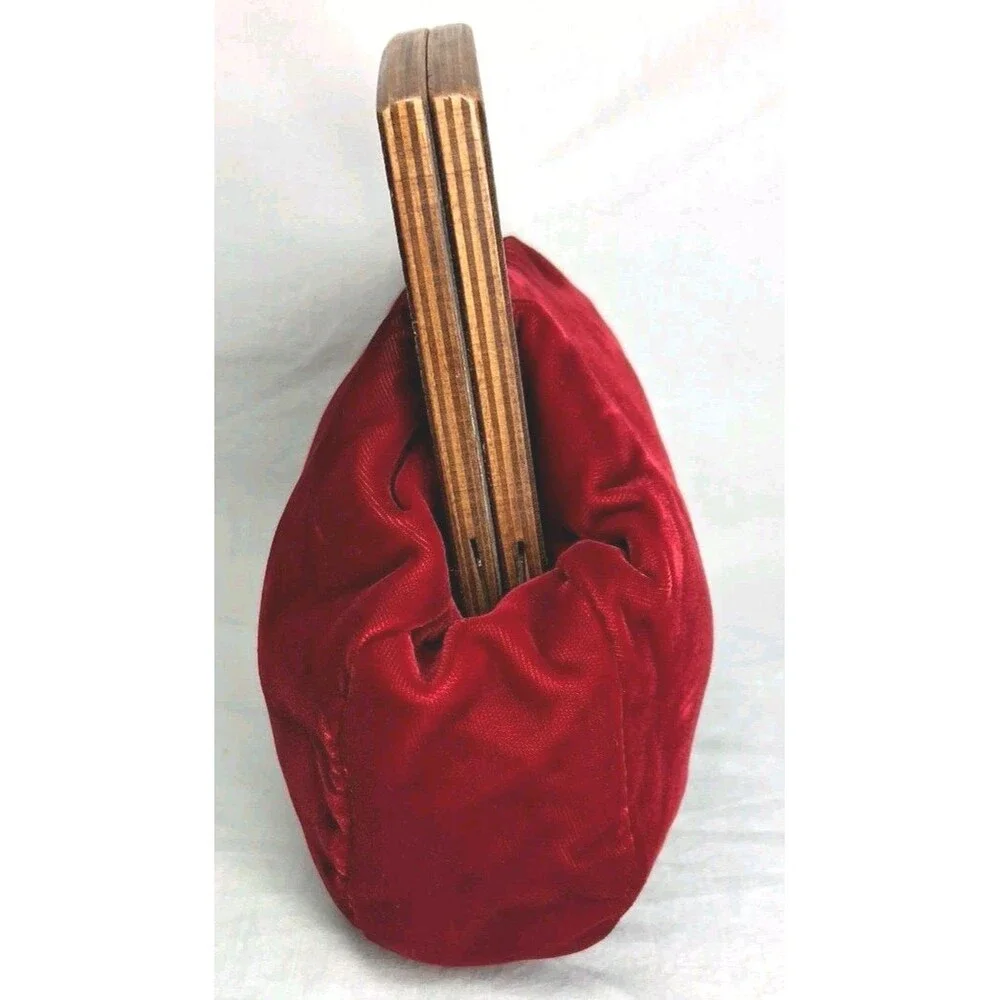 Vintage 70s Clutch Wood Handle Purse Velvet Boho Mid Century - Modern Minimalist